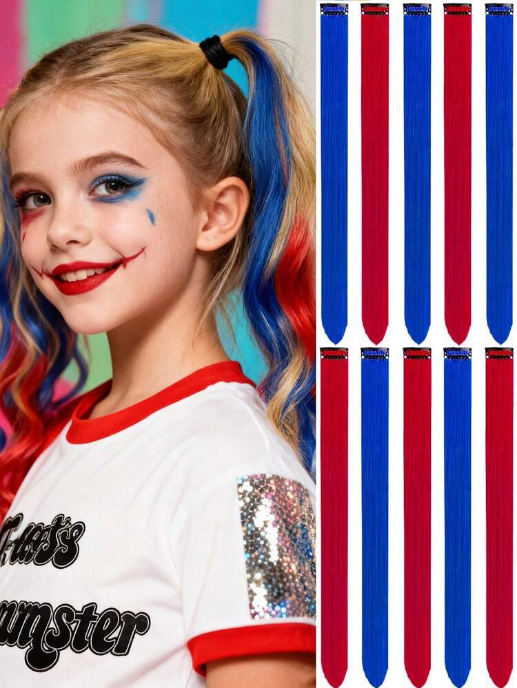 Tóc nối màu 10 chiếc, kẹp tóc tổng hợp nhiều màu sắc nổi bật cho tiệc Halloween, phụ kiện tóc màu đỏ và xanh lam cho bé gái, quà tặng cosplay dự tiệc 24 inch - Nhiều màu - Xem 2