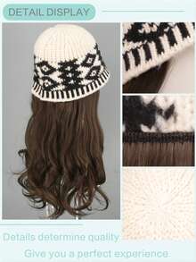 1pc Women's Winter Long Curly Wig Hat, Heat Resistant Synthetic Wig With Diamond-Shaped Cap - Korean Natural Full Head Coverage Lightweight Warm Winter Hat Wig - Multicolor - View 7