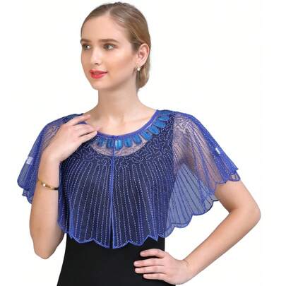 Elegant Retro Beaded Sequined Shawl Embroidered Lace Shawl Cape Sequined Beaded Evening Dress Retro Short Top With Small Shawl Street Shooting Versatile Accessories Nightclub Sexy Top European And American Women's Fashion Party Banquet Evening Dress Accessories
