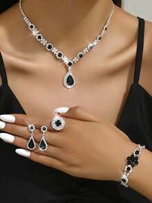 مجموعة مجوهرات فاخرة متعددة الألوان من الأحجار الكريمة 1 طقم، تشمل أقراط وسوار وخاتم وقلادة 4 قطع، مناسبة للنساء لارتدائها في المناسبات الخاصة كالخطوبة والزفاف والحفلات الراقية وعيد الميلاد وعيد الهالوين وحفلات عيد الميلاد