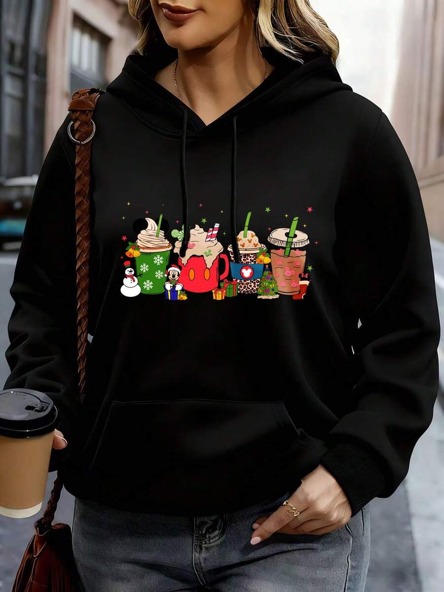 Disney Hoodie White Mickey Mouse Coffee Cup Print Casual Winter Wear - 黑色 - 查看 1