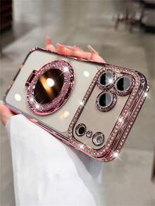 Luxury Sparkling Rhinestone Lens Protection Coated Anti-Drop Phone Case With Glitter Makeup Mirror Stand Holder, Compatible With IPhone 17 Pro Max, 17 Pro, 17, 16 Pro Max, 15, 14 Plus, 13, 12 Pro Max, 11, 17 Air, High-Quality Shockproof Protective Cover - Pink - View 4