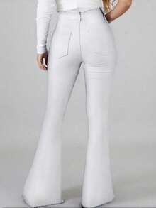 Plus Size Bootcut Women Jeans - High Waisted Ripped Open Button Fly Edge Jeans With Pocket Decoration Denim Bell Bottoms - 白色 - 查看 2