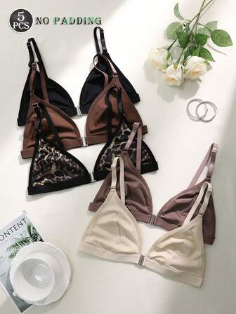 5pcs/Set Women's Colorful Wireless Front Closure Bras