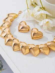 时尚可爱几何金色亮面心形吊坠项链耳环套装，适合女性在派对、节日佩戴，也可作为礼物赠送。 - 金色 - 查看 6