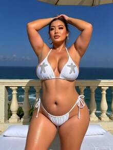 Set bikini tanga cu legături și spate fără bretele, mărime plus, costum de baie elegant și sexy cu model de stele de mare, material de înaltă elasticitate - alb - Vizualizare 9
