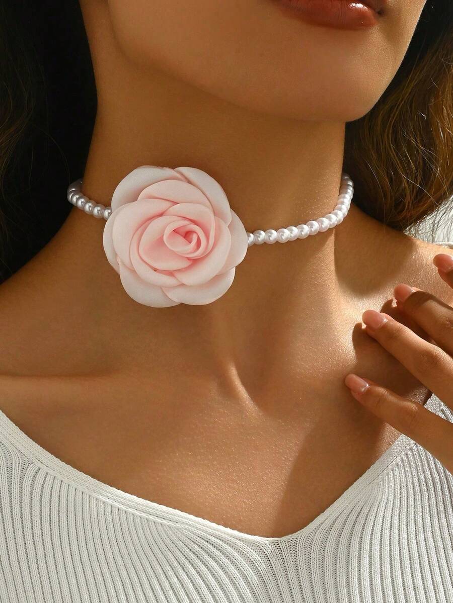 1pc Pearl & Floral Decor Necklace, Versatile Pink & White - Pink - View 1