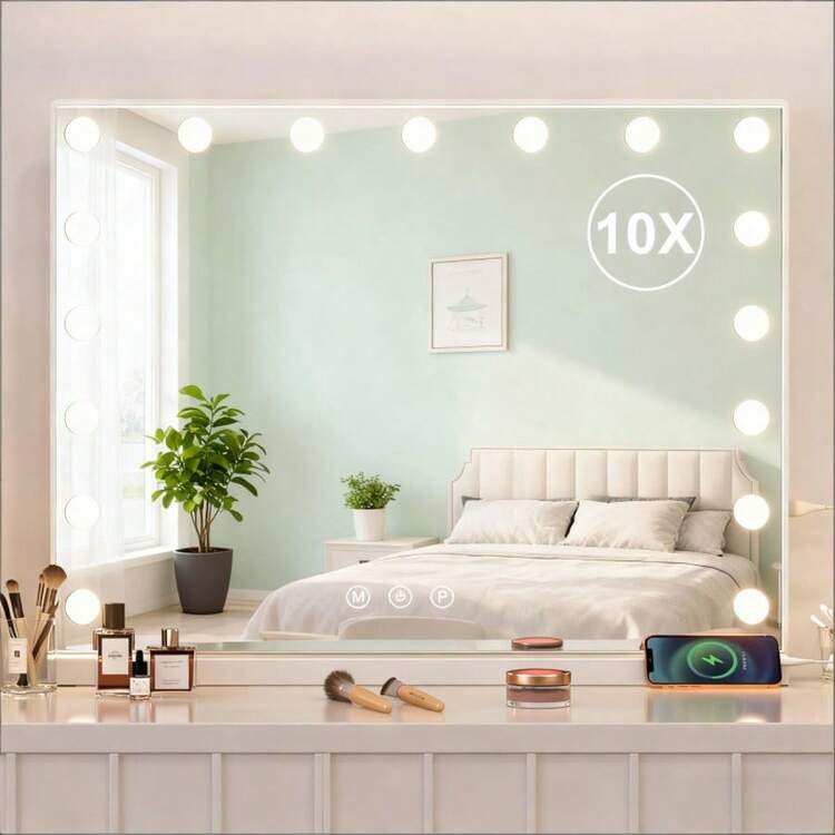 LED Makeup Mirror Vanity Mirror with Dimmable Light,USB Charging - Blanco - Añade 4