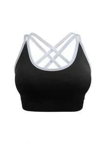 Sodalemon Women Elastic Cross Back Gym Bra Fitness Casual Outdoor Contrast Color Training Athletic Wear Running Yoga Top Seamless Round Neck Sport Bra - Black - View 3