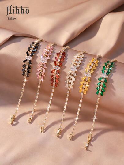 Hihho 1 szt. Kolorowa bransoletka tenisowa z cyrkonii w kształcie liścia, modna biżuteria tenisowa dla par, odpowiednia do codziennego noszenia przez kobiety, prezent świąteczny, biżuteria bożonarodzeniowa