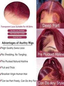 99j 酒红色波波头假发，真人发蕾丝前假发，预先拔毛，13x4 蕾丝前假发，150 密度，短款波波头前假发，无胶假发，真人发带婴儿发，14 英寸