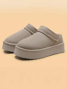 Women Fuzzy Slippers, Platform, Genuine Suede Leather, Snow Boots, Furry Home Slippers, Autumn Winter Indoor Outdoor Comfy Fuzzy Soft Thickened Flat Soles Shoes - 卡其色 - 查看 1