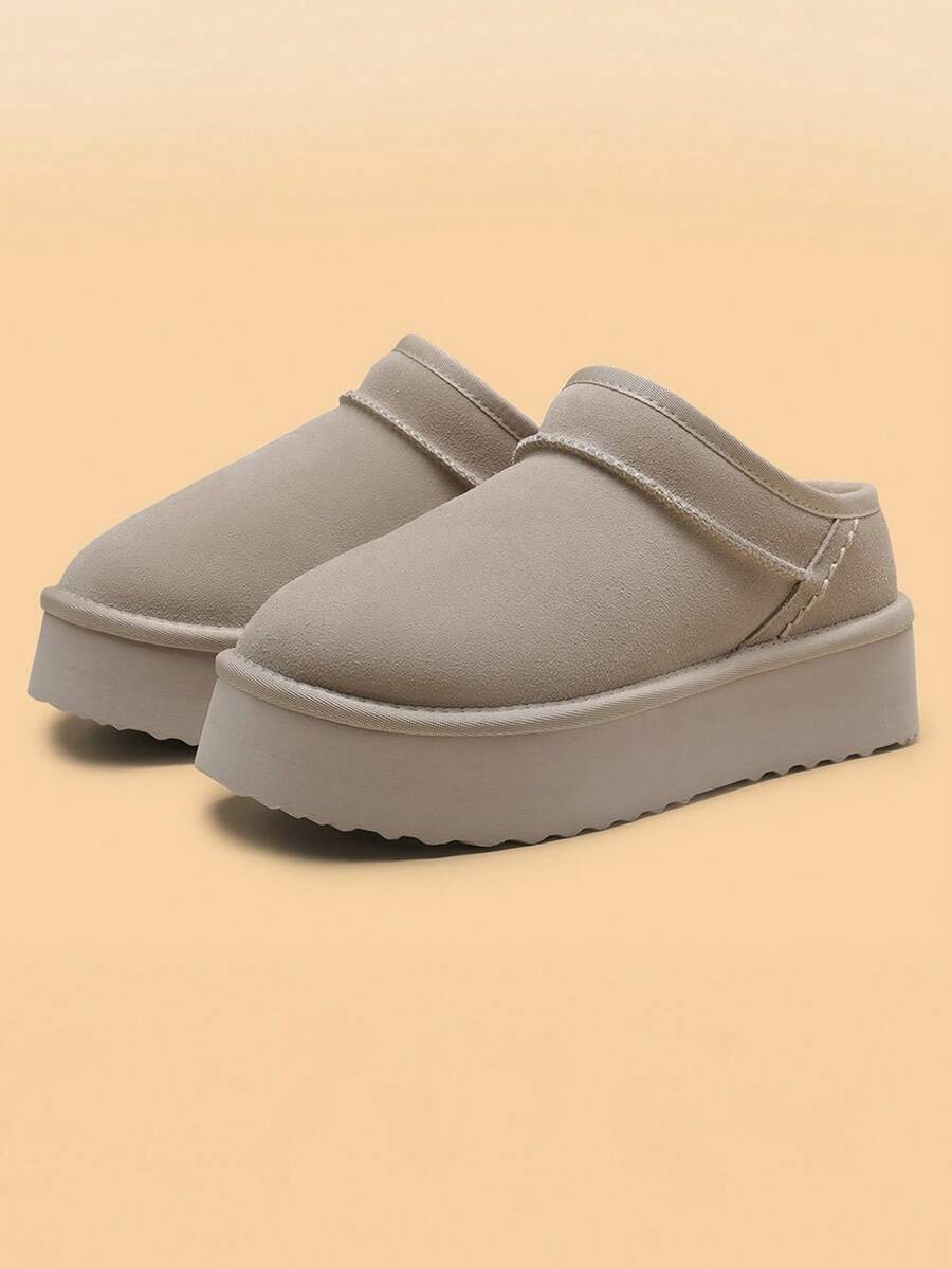 Women Fuzzy Slippers, Platform, Genuine Suede Leather, Snow Boots, Furry Home Slippers, Autumn Winter Indoor Outdoor Comfy Fuzzy Soft Thickened Flat Soles Shoes - 卡其色 - 查看 1