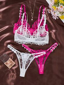 EverydayBra 两套四件套女士白色和粉色花卉刺绣性感内衣套装，半透明雏菊可爱俏皮两件套，包含超短上衣和内裤，打造舒适居家风格 - 彩色 - 查看 2