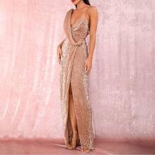 European And American New Style Dress Sexy Slit V-Neck One-Shoulder Sequin Party Evening Dress For Women - Vàng - Xem 2
