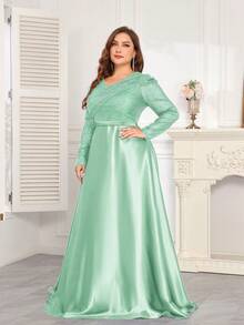 hezixi 高品质弹力亮片V领泡泡袖修身鱼尾裙摆设计，加大码纯色优雅奢华长裙，尽显女性魅力，适合派对、毕业典礼、婚礼、活动、晚宴和舞会等场合，女士正式礼服（豪华版）春季派对 - 綠色 - 查看 4