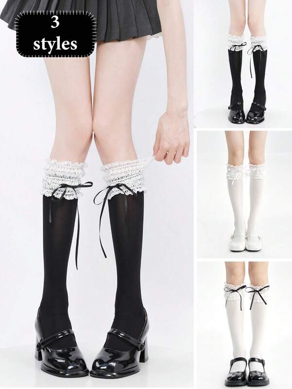 1 Paar leichte japanische Stil Schleife Spitzenbesatz Overknee Socken, geeignet für alle Jahreszeiten, Y2K