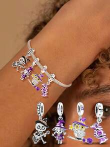 1 pieza Encantador colgante de plata de ley 925 con diseño de esqueleto tocando guitarra, montado en escoba, búho, bruja y dulces de Halloween, adecuado para hacer pulseras, brazaletes y joyería DIY de mujer