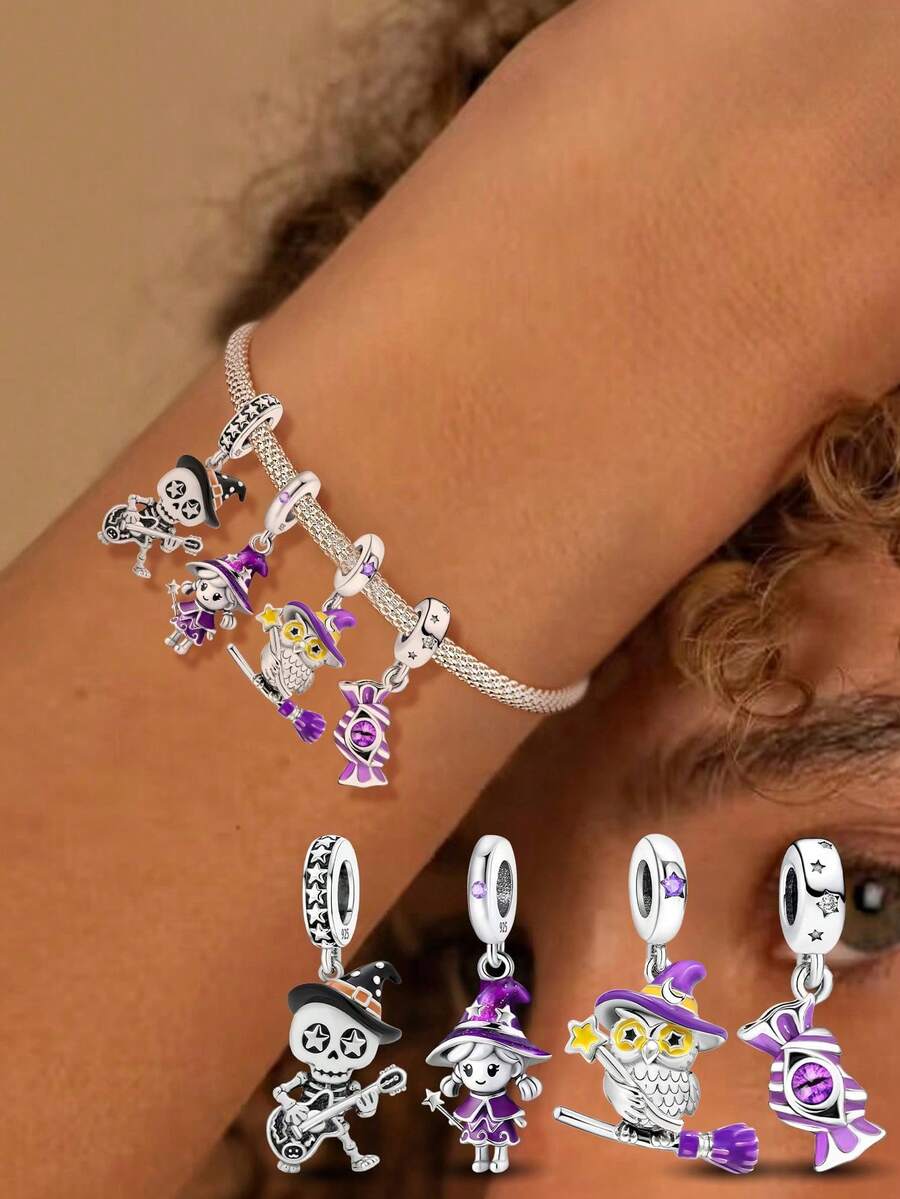 1件925纯银骷髅弹吉他、骑扫帚、猫头鹰万圣节女巫吊坠，适合女士手链、珠宝DIY - 串珠集合1 - 查看 1