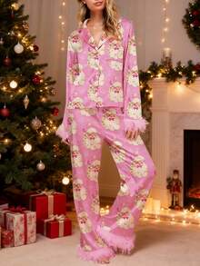 Women Y2k Silk Satin Christmas Pajamas Sets Xmas Tree/Santa Claus Print Plush Trim Long Sleeve Sleepwear Holiday Print Two Piece Pjs Pants PJs Set Loungewear - 粉色 - 查看 2