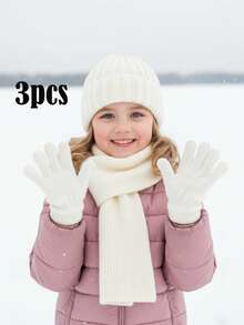 3pcs/Set Kids Knit Hat + Gloves + Scarf Set, Unisex Korean Style Warm Winter Accessory Set - 3 Pcs - View 3