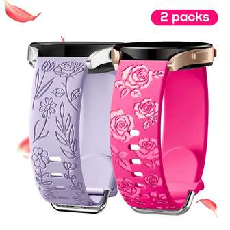 2pcs Floral Carved Watch Bands Compatible With Samsung Galaxy Watch 6/5/4 40mm 44mm, Galaxy Watch 5 Pro 45mm, Galaxy Active 2, Galaxy Watch 3, 20mm Soft Silicone Replacement Sport Strap For Women
