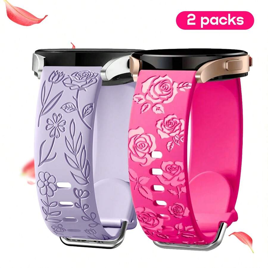 2 件花卉雕刻表带，适用于三星 Galaxy Watch 6/5/4 40 毫米 44 毫米、Galaxy Watch 5 Pro 45 毫米、Galaxy Active 2、Galaxy Watch 3、20 毫米柔软硅胶替换表带，适合女性，可作为返校学生的礼物