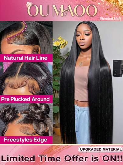 13*4 Bone Straight Human Blended Hair Lace Front Wig Natural Black Color Straight Wig Pre Bleached Knots & Natural Hairline Soft And Natural Look Brazilian Virgin Hair