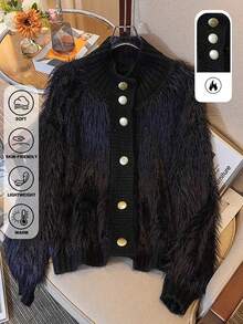 JIANHU Korean Style Fuzzy Knit Cardigan – Fall Winter Soft Faux Fur Sweater With Scalloped Trim And Pearl-Like Buttons, Cozy High Neck Jacket For Daily Looks - Black - View 2