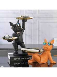 33.5CM Butler French Bulldog Statue - Resin Decor With 2 Serving Trays, Vintage Home Accent For Living Room/Bar