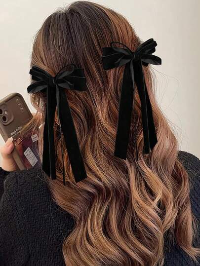 2 buc cleme de păr din catifea neagră, panglică de păr, 2 straturi, panglică de păr, cozi lungi, cu bowknot, accesorii de păr pentru toamnă și iarnă pentru fete, purtare zilnică, cleme metalice de păr, cadou de Crăciun pentru fete, cleme de păr cu gheare