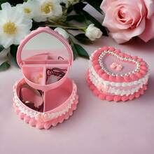 Heart-Shaped Jewelry Organizer With Mirror & Drawer - Realistic Strawberry Cream Cake Design, Pink And White Plastic Desktop Storage Box, Suitable For Necklaces, Earrings, Headbands - Valentine's Day/Mother's Day Gift, Jewelry Gift Box, Romantic Aesthetic Decoration. - hộp đựng đồ trang sức - Xem 6