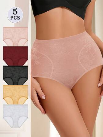 5pcs Women High Waist Floral Print Briefs, Comfortable Fit, Soft & Skin-Friendly, Ideal Gift For Holidays