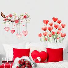 1 Valentine's Day Love-Themed PVC Wall Sticker, Watercolor Style, Pink Rose And Heart Design, Red-Pink Gradient Hanging Branch Shape, Self-Adhesive Removable Wall Decal, Romantic Love Theme Decor, Suitable For Bedroom And Living Room Home Decor - Multicolor - View 12