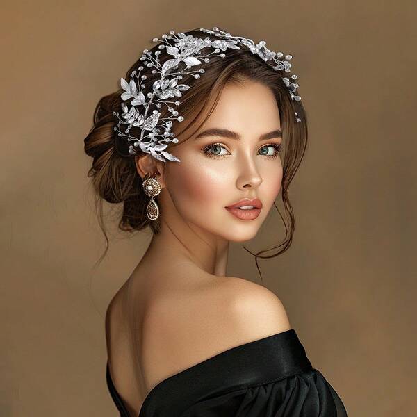 1 قطعة شريط رأس للعروس بطراز أوروبي وأمريكي للحفلات الزفاف، إكسسوار شعر بأوراق مرصعة بالراين