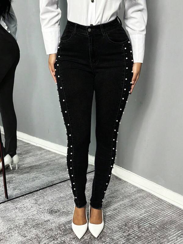 Pantalones vaqueros ajustados elásticos para mujer, pantalones vaqueros informales adornados con perlas