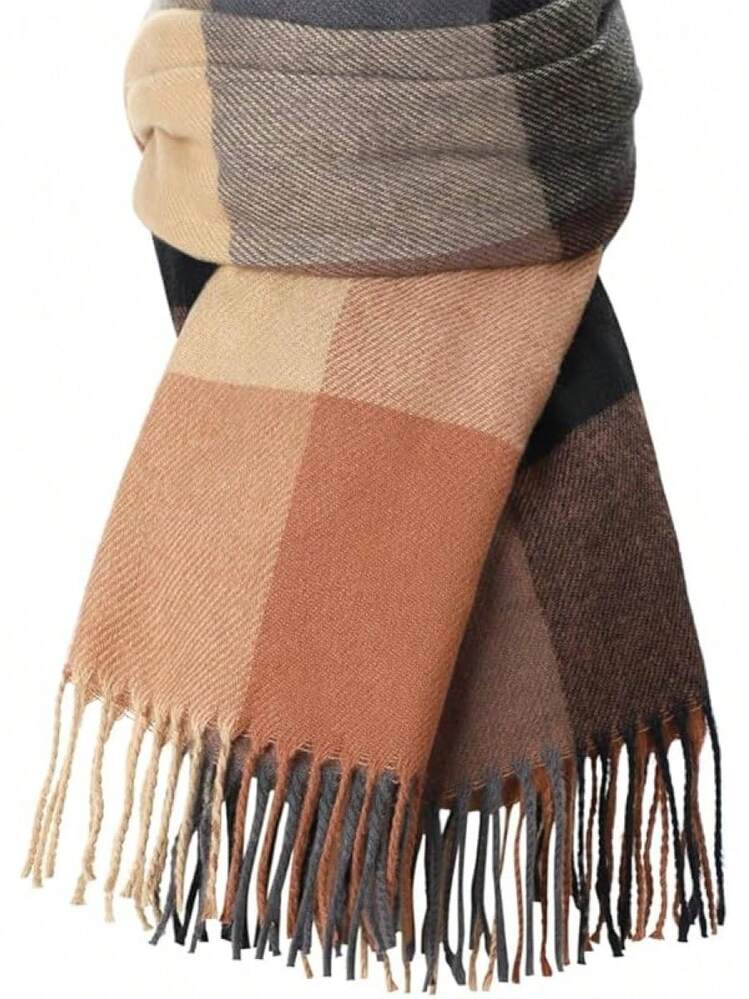 Bufanda de invierno para mujeres, bufandas de moda con sensación de cachemira a cuadros para mujeres, chales y envolturas de pashmina, bufanda larga tipo manta - Enrejado marrón grisáceo - Añade 12