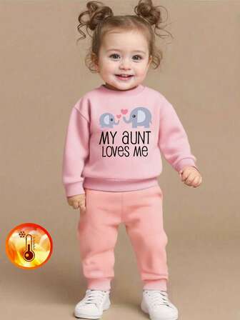 1件女婴休闲印花连帽卫衣，秋冬季 - 可爱的连帽卫衣为每个孩子带来欢乐！趣味十足、色彩缤纷的连帽衫，英文字母激发女婴的想象力，可爱的标语和大象印花。