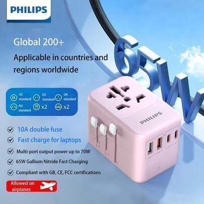 PHILIPS SPB1008B 65W GaN Travel Adapter - Supports UK, EU, And Australian Standards, 4-Port USB Fast Charging, Direct Laptop Charging