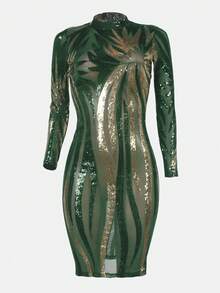 Green Fall Dresses For WomenShort Halter Greenless FringeKnitted Cocktail Dress ForWomen With Sparkly GemEmbellishments And HighStretch Pencil Hem,Halloween Costumeschristmas Outfit Women,Elegant Dresses For Party ,Elegant, Chic, Formal,Uxury - Green - View 1