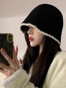 Sombrero de cubo de mujer de punto y felpa, cálido y a prueba de viento para otoño e invierno, sombrero de viaje versátil. Atuendo de clima frío para mujer - B - Ver 1