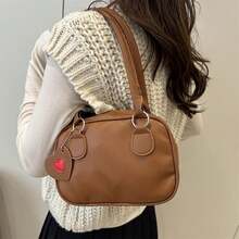 Polyurethane Shoulder Bag for Women Cute Handbag with Heart Shaped Tag for Everyday Use - Marrón claro - Ver 5