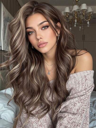 13*4 高清蕾丝前假发，18 英寸长米色挑染波浪长卷发，高品质女士蕾丝假发，耐热合成蕾丝假发，适合所有节日和日常佩戴，随时可佩戴，节日期间送给女孩的完美礼物。