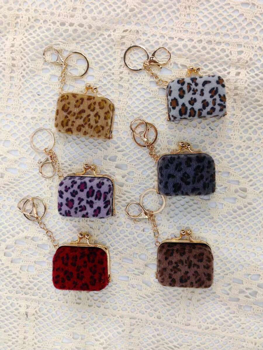 复古毛绒豹纹挂饰迷你包首饰收纳盒零钱包钥匙扣配件金色钥匙扣包饰钱包挂件钥匙圈