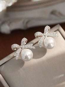 1pair Bowknot-Shaped Faux Pearl & Rhinestone Inlaid Earrings With Elegant And Sophisticated Design Valentines - Huy chương bạc 2 - Xem 2