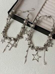 1件时尚精致星形十字吊坠，朋克风合金仿珍珠水钻银项链吊坠，适合女性日常、派对、音乐会佩戴，可作为圣诞节或新年礼物 - 銀色 - 查看 12