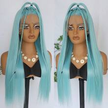 13x4 Lace Front Wig For Women Synthetic Long Silky Straight Hair Free Part Frontal Lace Heat Resistant Soft Fiber Ice Blue Color Wig 26 Inches 180% Density Pre Plucked For Daily Makeup Use Ready To Wear - Blue - View 4