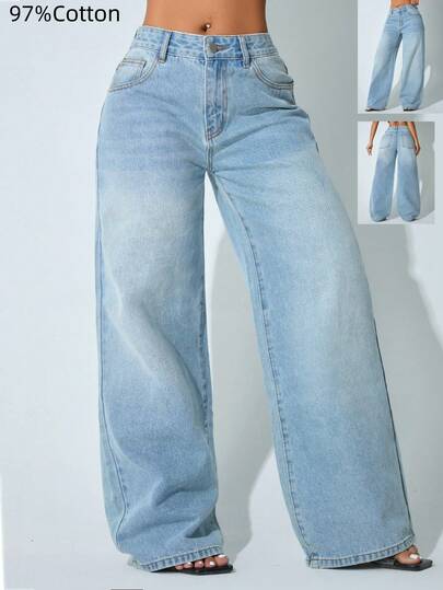 Calça Denim Feminina Casual de Cintura Baixa, Perna Larga, Bolso Inclinado Azul, Curva, Roupas de Outono