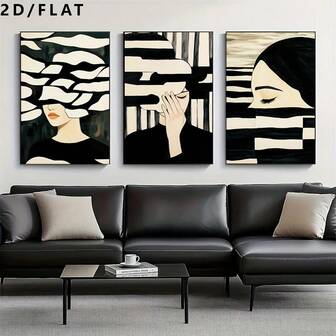 1/3 יחידות ציור קישוט קיר אמנותי מודרני מופשט, ציור דיוקן נשי מפוספס בשחור לבן על בד, פוסטרים של ציורי קיר, מוצרי הדפסת תמונות, מתאים לחדר שינה, סלון, משרד, חדר אוכל, מעונות, עיצוב חדר אמבטיה (ללא מסגרת)