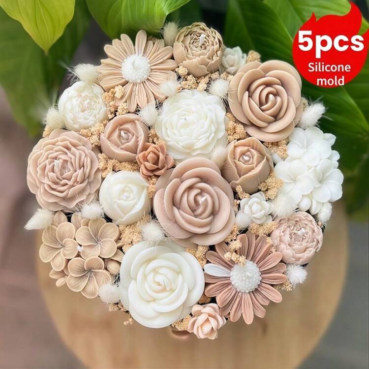 5件套花卉蜡烛模具，包含玫瑰、玫瑰花苞、牡丹、雏菊、玉兰花，DIY蜡烛花束模具，适用于家居装饰、节日礼物、生日礼物、情人节礼物、母亲节礼物、圣诞节礼物、感恩节礼物、婚礼礼物。 - 白色 - 查看 7